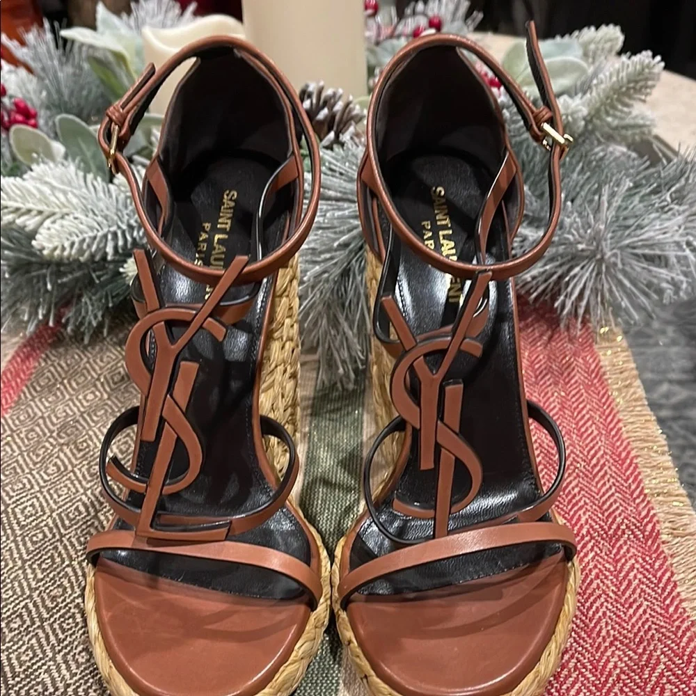 Saint Laurent Tan Leather Wedge Sandals - Picture 3 of 6